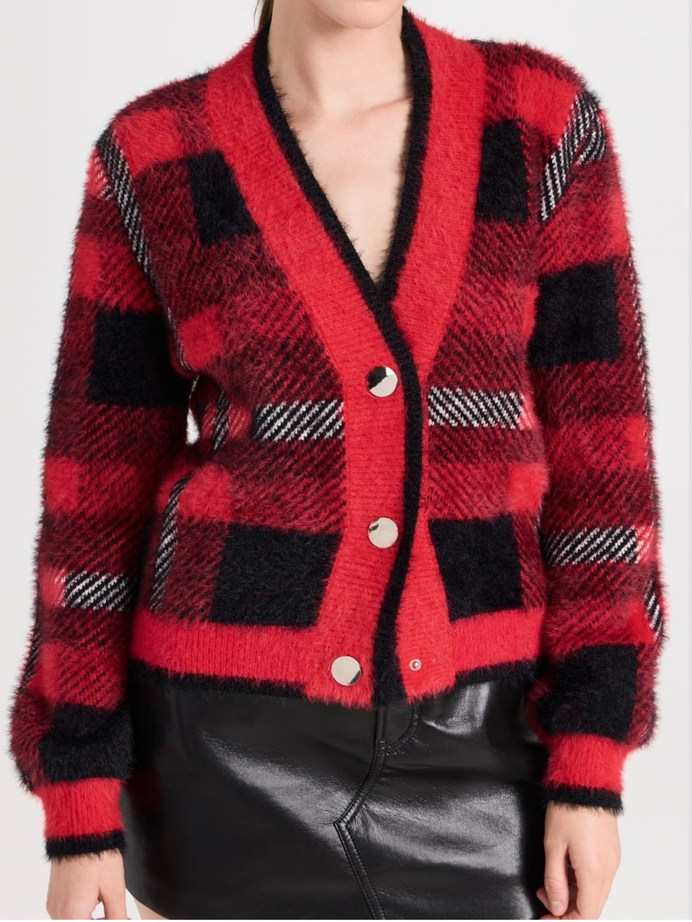 English Factory Red Plaid Snap-Front Cardigan Sweater S Preppy